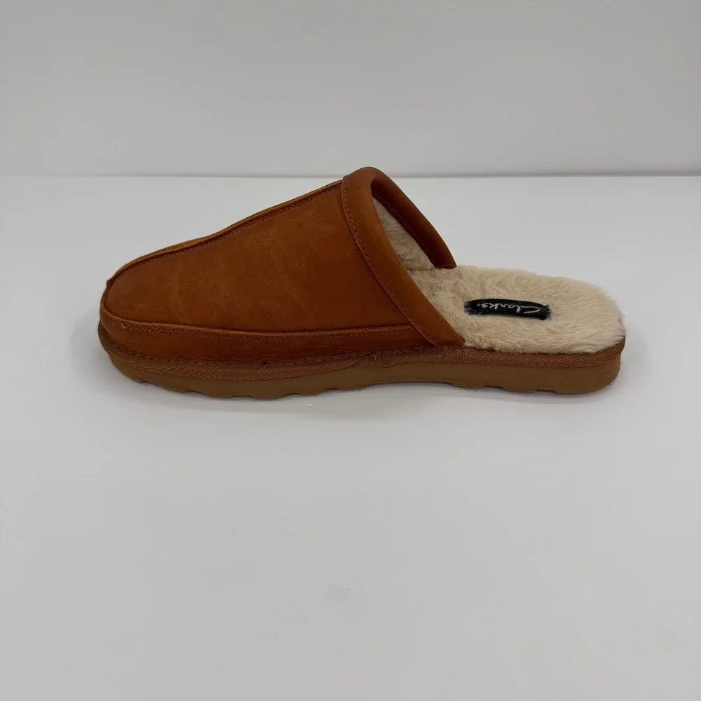 Clarks Men's Size 10 Leather Faux Fur Lined Scuff Slip Ons Slippers Tan Brown - Picture 10 of 11